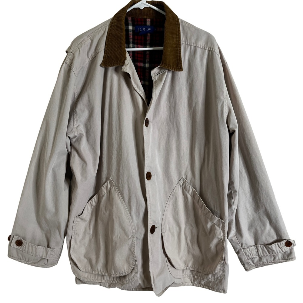 Vintage J.Crew Barn Jacket Men's L Khaki Plaid Lined Corduroy Collar Field Coat